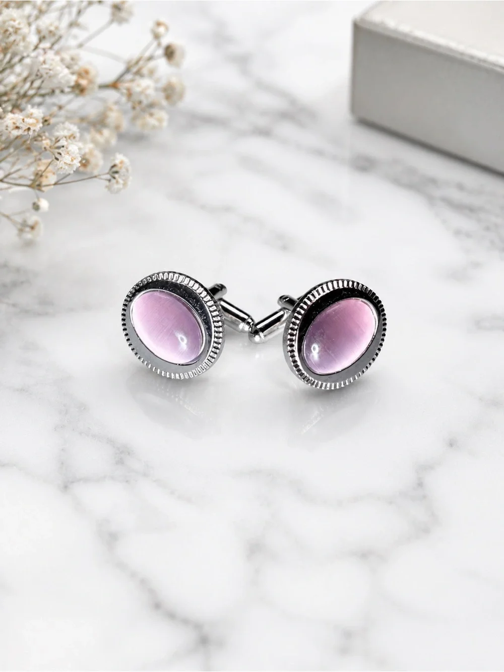Silver-Tone Pink Oval Cufflinks - Classic Men's Accessory